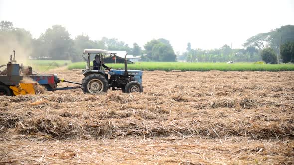 Sugarcane leaf compress by tractor