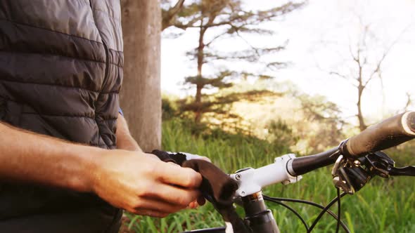 Male mountain biker wearing glove