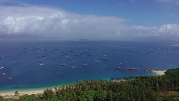 Aerial view of fish farm, Carreiro, Galicia, Spain