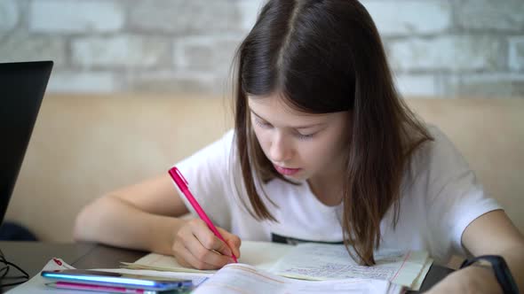 Girl Doing Homework and Writing in Notebook alt