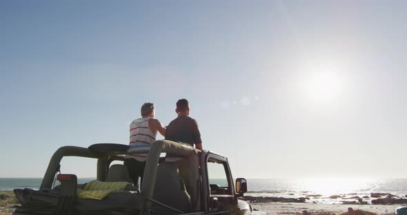 Happy caucasian gay male couple standing in car raising arms and holding hands on sunny day at beach