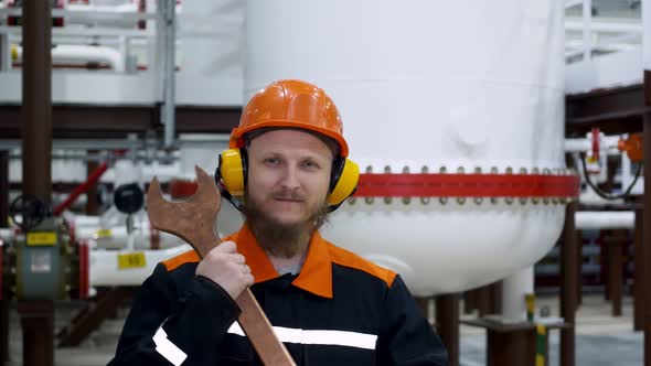 An Oil and Gas Worker Stands in a Hard Hat and Ear Protectors in a Gas Liquefaction Shop Behind Him