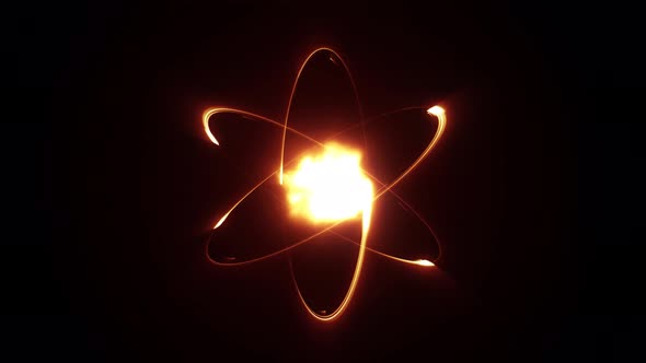 Neon glowing electrons flying around fire atom molecule with nucleus or protons.