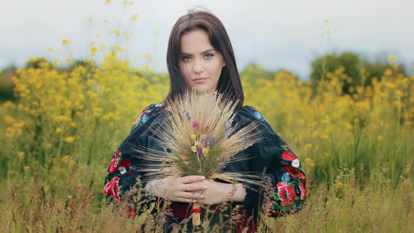 Portrait of Beautiful Sensual Woman Girl Stylish Caucasian Lady Wears Ukrainian Traditional