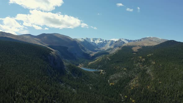 Aerial view orbiting blue alpine forest lake surrounded by mountain range, 4K