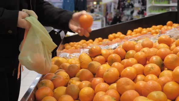 Woman Shopping For Orange Fruits With Reusable Eco Bag. Concept Of Zero Waste, Vitamin C For