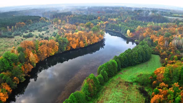 River at autumn in Poland, aerial view