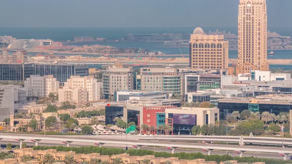 Dubai Media City Skyscrapers and Golf Course Morning Timelapse Dubai United Arab Emirates
