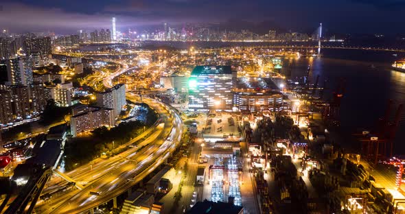 Timelapse of Kwai Tsing Container Terminals in Hong Kong at night 