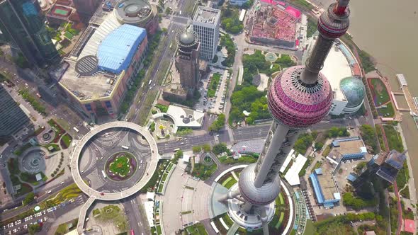 Aerial view of Shanghai Downtown skyline by Huangpu River, China. Financial district