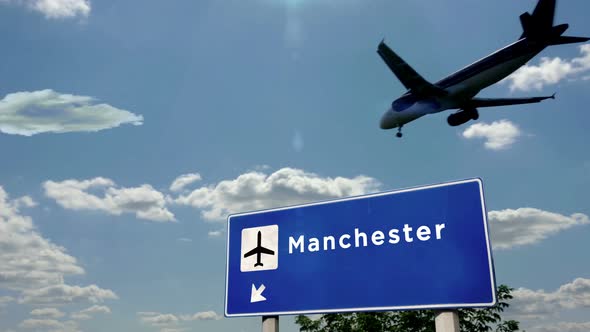 Airplane landing at Manchester England airport