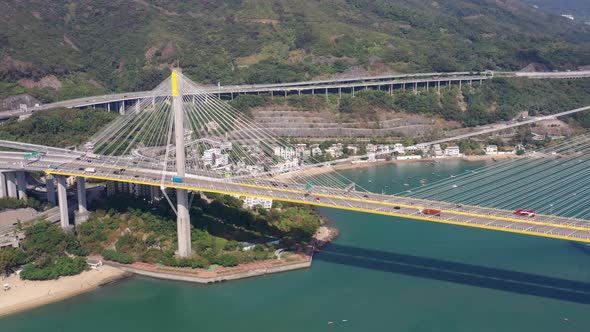 Drone fly over Ting Kau Bridge in Hong Kong