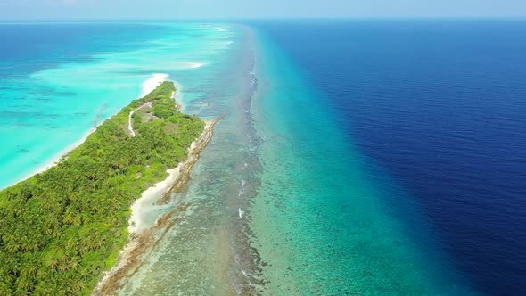 Aerial drone shot tourism of luxury sea view beach trip by transparent ocean and white sand backgrou