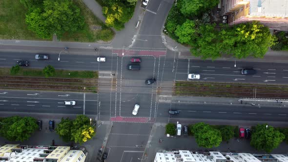 Big street, streetcar driving in and out of picturePerfect aerial view flight bird's eye view drone