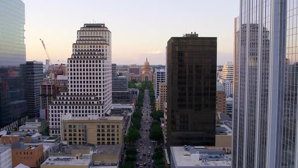 Aerial view towards the Texas state capitol, sunset in Austin, USA - Vertigo effect