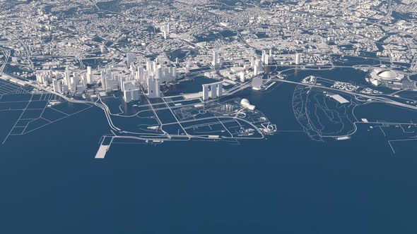 City of Singapore. stylized animation of the city view from a cruising altitude alt
