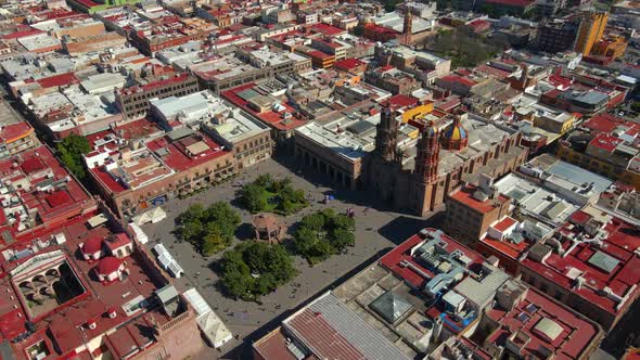 Mexico, San Luis Potosi, City Center, Plaza de Armas, Church, 4K Drone Shot