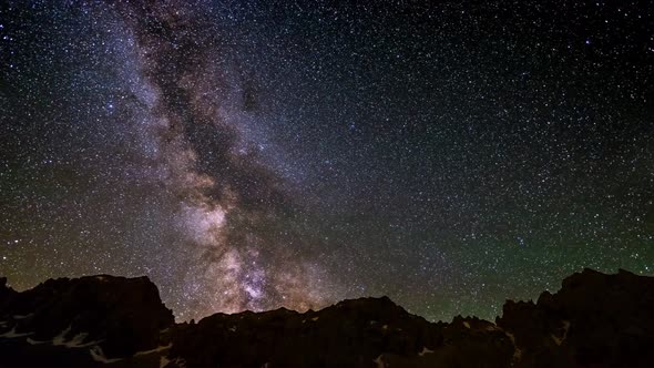 Night Sky on The Alps, Time Lapse Milky Way Stars Rotating Over Mountains