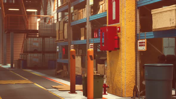 Rows of Shelves with Boxes in Warehouse alt