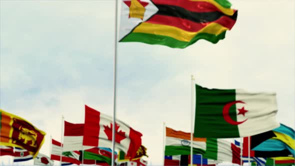 Zimbabwe Flag With World Globe Flags Morning Shot