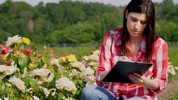 Female Gardener Checks Quality of Flowers and Takes Notes with Pen in Notebook