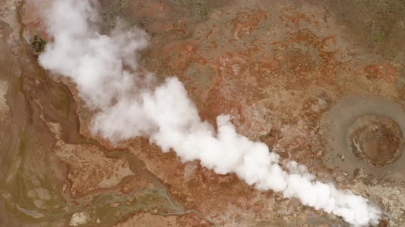 Geothermal Area In Iceland With Colorful Sulphur On The Ground - aerial drone shot