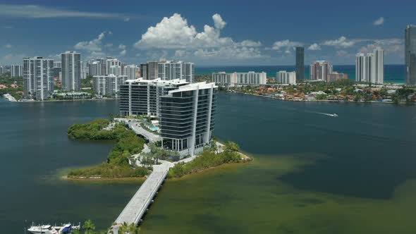 Impressive Miami Skyline View, Aerial . Modern Waterfront Apartment Buildings