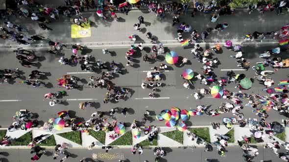 cenital drone shot of people celebrating pride parade at mexico city