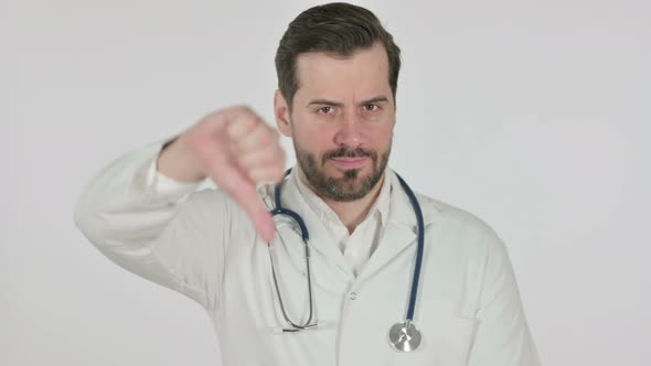 Portrait of Doctor Showing Thumbs Down Gesture White Screen