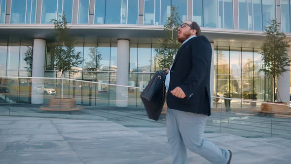 Joyful Fat Businessman Dancing Celebrating New Career Going To Work Outdoors