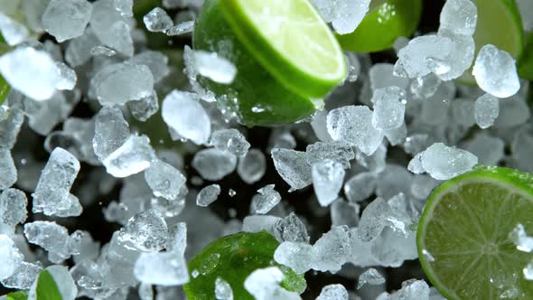 Super Slow Motion Shot of Exploding Crushed Ice Lime and Mint Towards Camera at 1000Fps