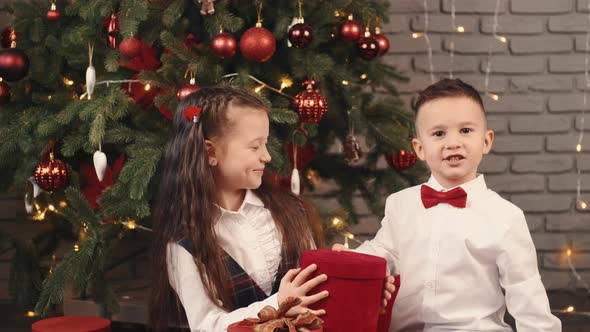 The Little Kids Holding Gifts Near the Christmas Tree