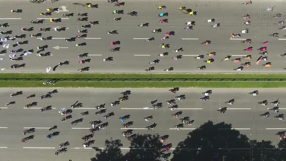 Aerial of bicycle race on city road