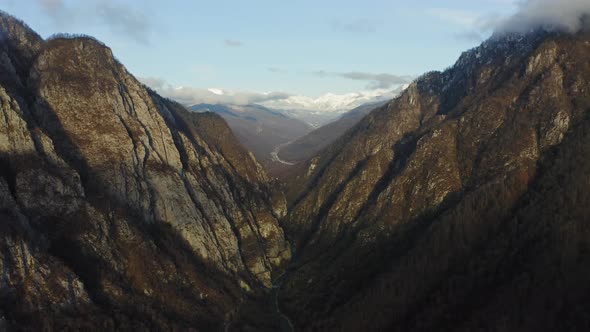 Amazing Mountain River Mzymta in the Evening Landscape of Sochi Sunset