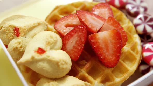 Close-up of slice strawberry with sweet food