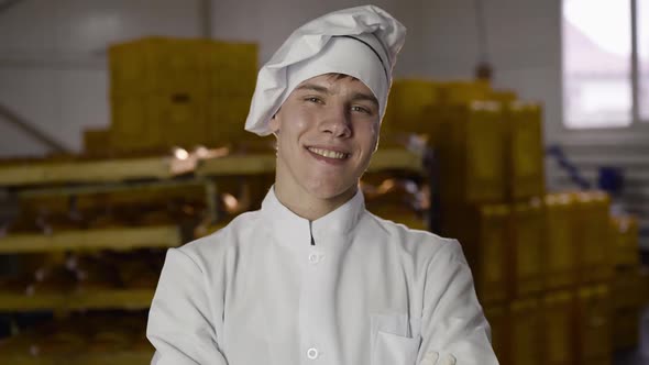 Portrait Young Happy Baker Uniform Smiling Camera Bakery