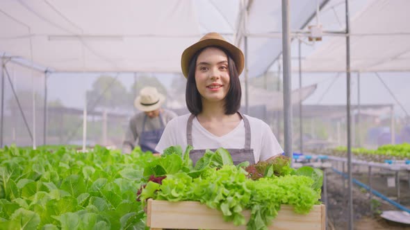 Portrait of Asian woman, couple farmer owner working in vegetables hydroponic farm with happiness