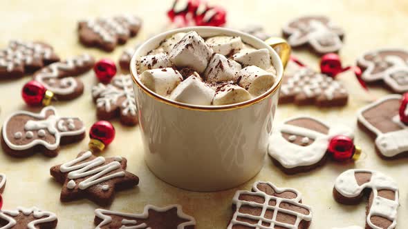 Cup of Hot Chocolate and Christmas Shaped Gingerbread Cookies