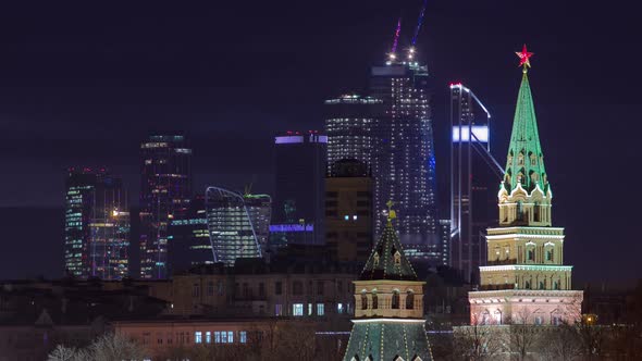 Moscow Kremlin and Moscow-City Business Center at a Winter Night Timelapse