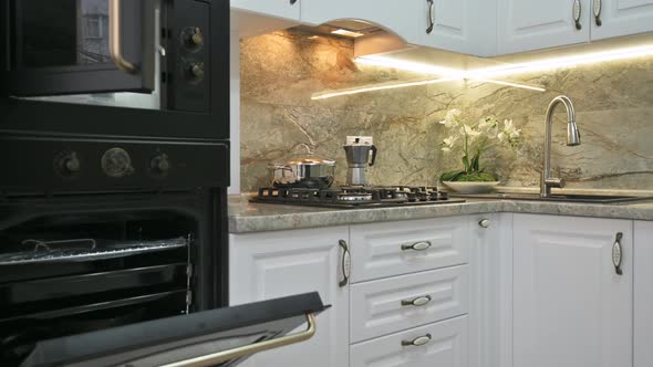 Closeup Panning of Modern Classic White Kitchen Interior