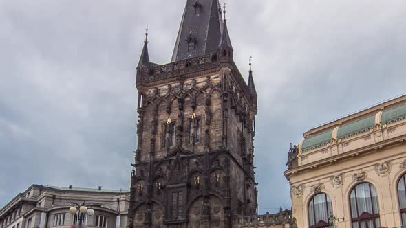 View of The Powder Tower Timelapse Hyperlapse and the Municipal House at the Republic Square in