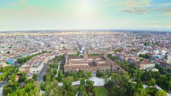 Aerial Drone Panoramic View of Sforza Castle with Park Area Place Luxurious Residential Landmark in