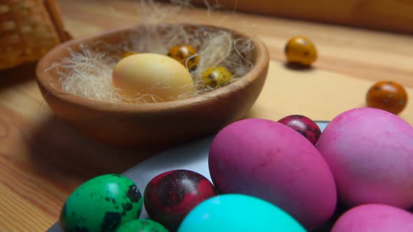 Panorama of Festive Painted Easter Eggs Laid on a Plate