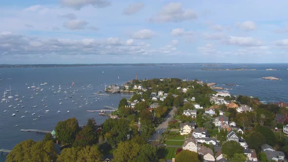 Panoramic View Of Marblehead Town Center And Harbor In Massachusetts MA, USA - aerial drone shot