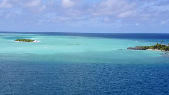 Aerial drone panorama of island beach journey by clear sea and sand background