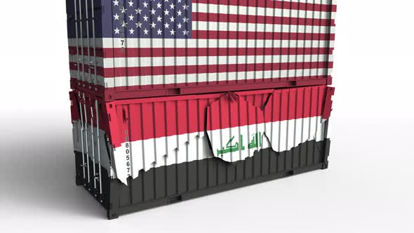 Container with Flag of the USA Breaks Container with Flag of Iraq