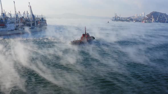 The Surface of the Sea in the Golden Horn Gulf Soars on a Very Cold Winter Day