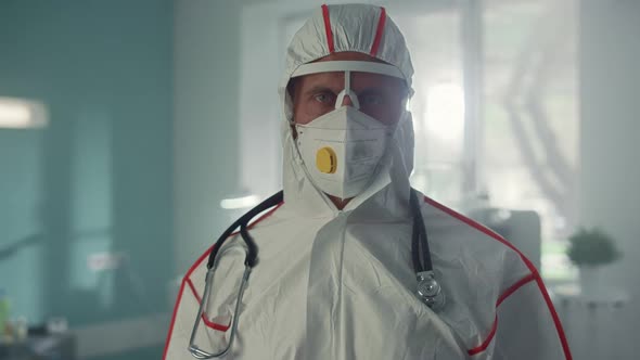 Portrait Physician Protective Suit Posing in Hospital Infectious Department