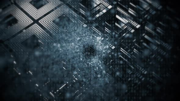 Data Particles and Binary Code Dark Technology background alt