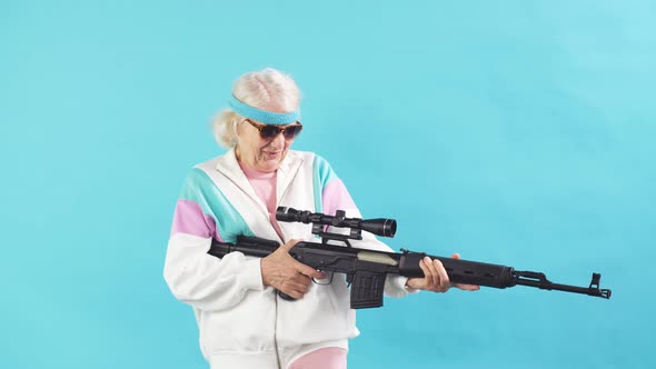 Nice Looking Grandmother- FBI Agent Aiming with a Rifle, Ready To Shoot, Poster.